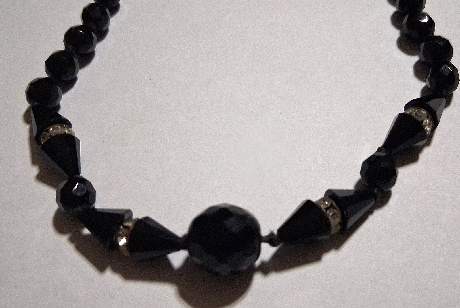 Deco Necklace VTG Austrian Crystal Black Faceted Beads wt Rhinestone Spacers