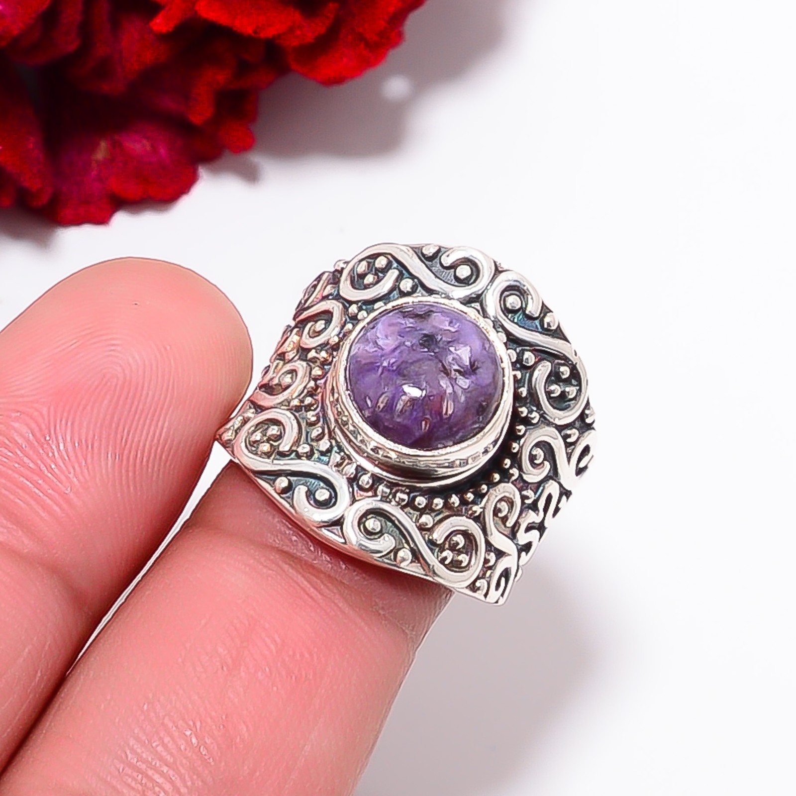 Purple Charoite – Siberia Designer Handmade 925 Sterling Silver Ring S.7 R98316