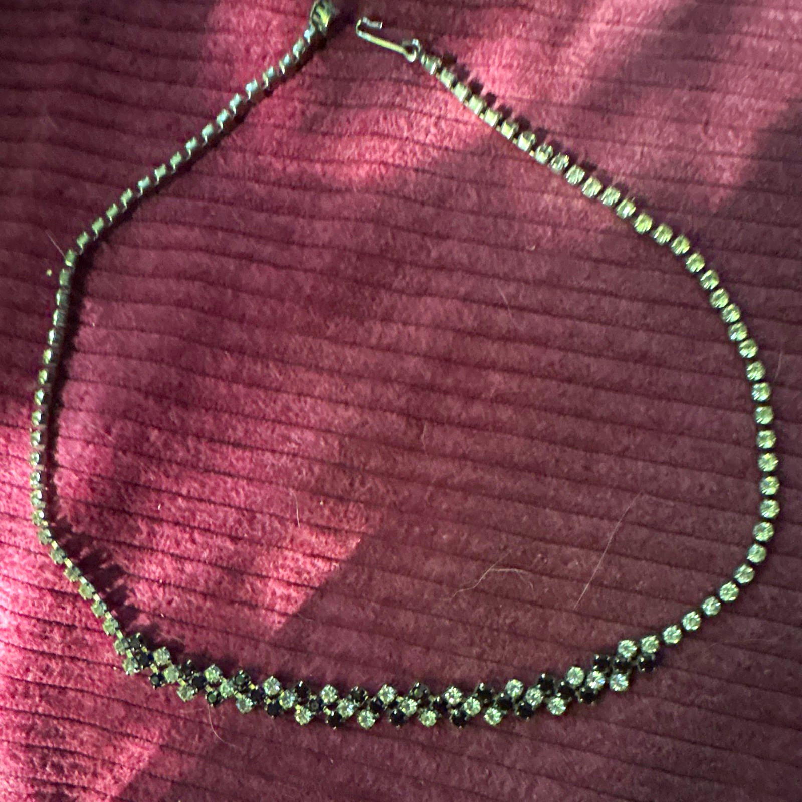 Silver Tone Black & Clear Crystal Rhinestone Tennis Choker Necklace Hook Clasp