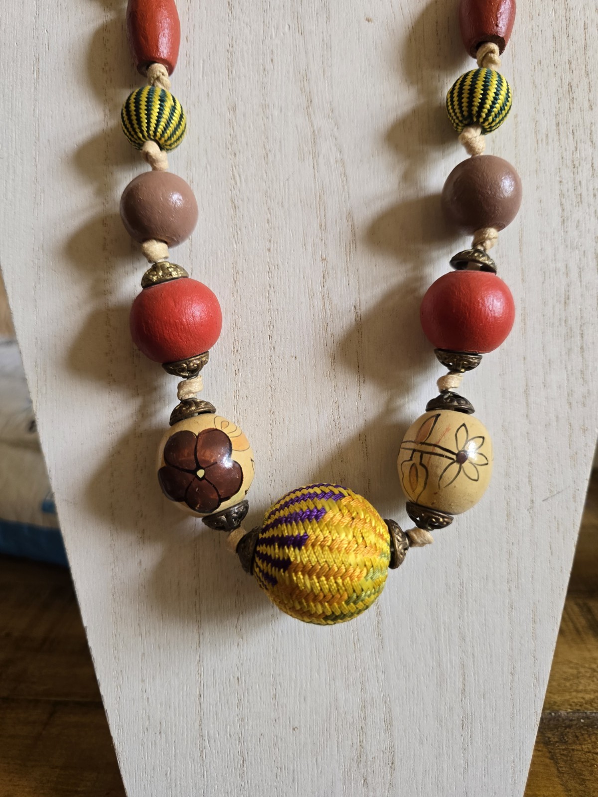 Boho NECKLACE Graduated Wooden & Woven Beads Hand Carved Painted Tribal Natural