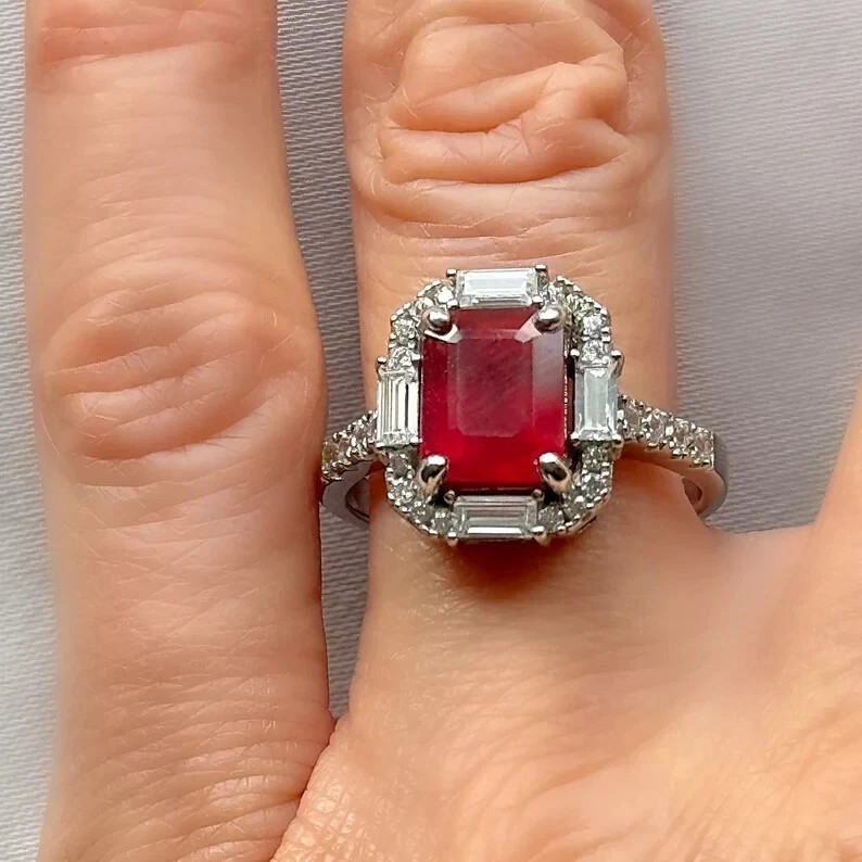 3.80 Ct Emerald Cut Natural Ruby Diamond Wedding Ring 14K White Gold