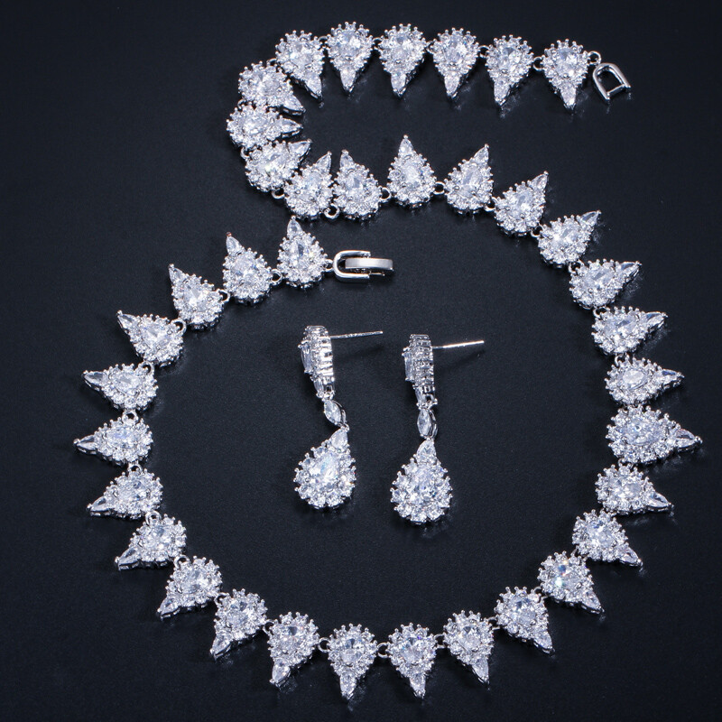 Yellow Topaz Cubic Zircon Round Choker Necklace Dangle Drop Earrings Jewelry Set