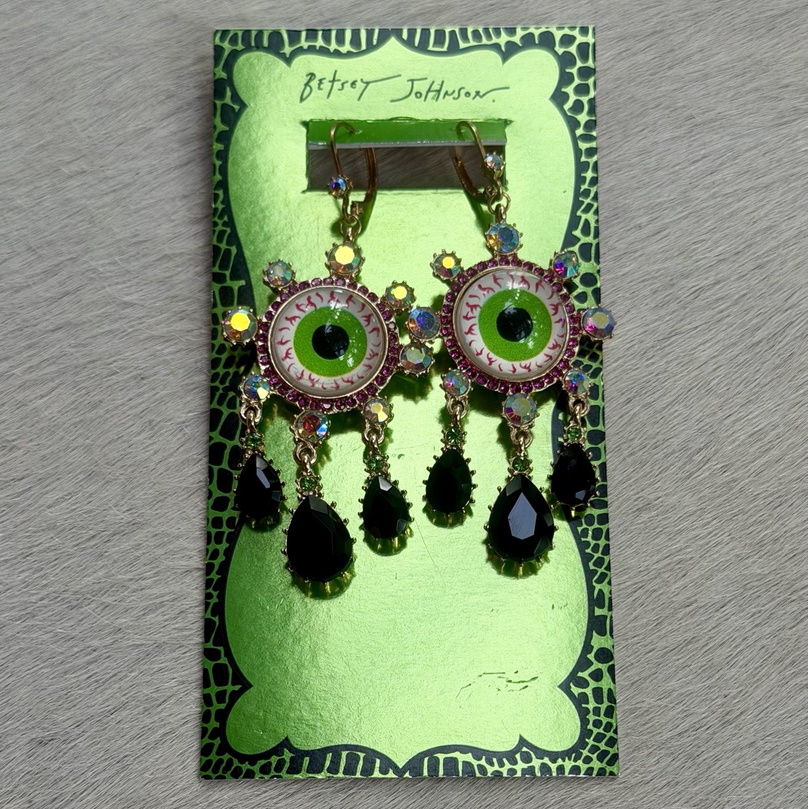 Betsey Johnson Halloween Eyeball Drop Earrings Black Crystals Spooky Whimsigoth