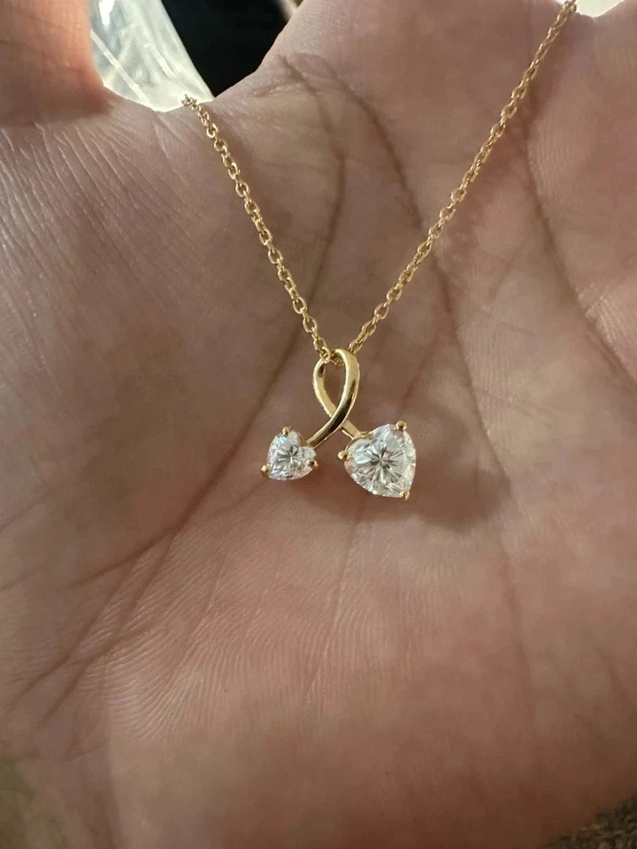 Pretty Two Stone Pendant 2Ct Heart Cut Simulated Diamond 14k Yellow Gold Plated