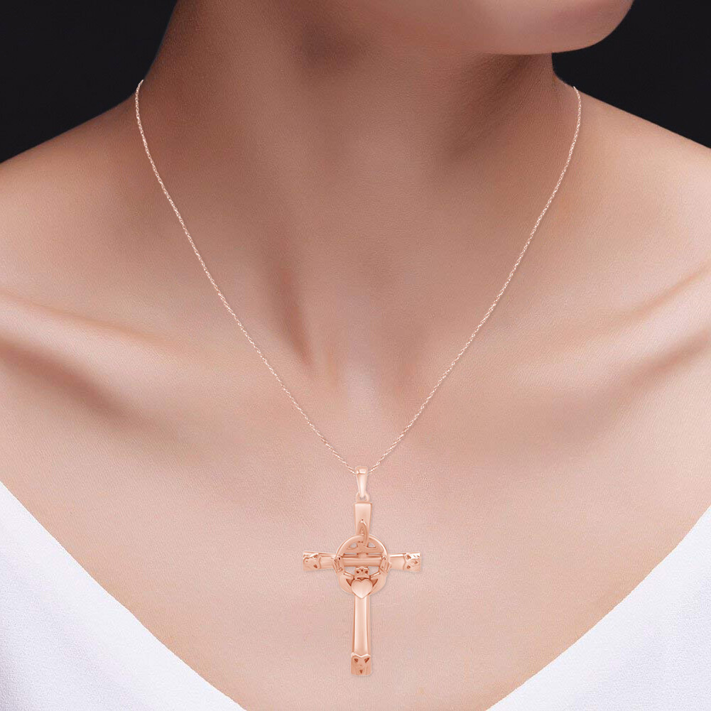 Trinity Knot Claddagh Celtic Cross Pendant Necklace 14k Rose Gold Plated Silver