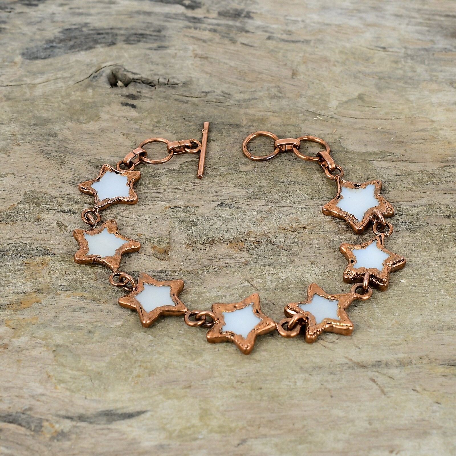 Copper Pentagon Mother Of Pearl Gemstone Electroformed And Star Chain Bracelet