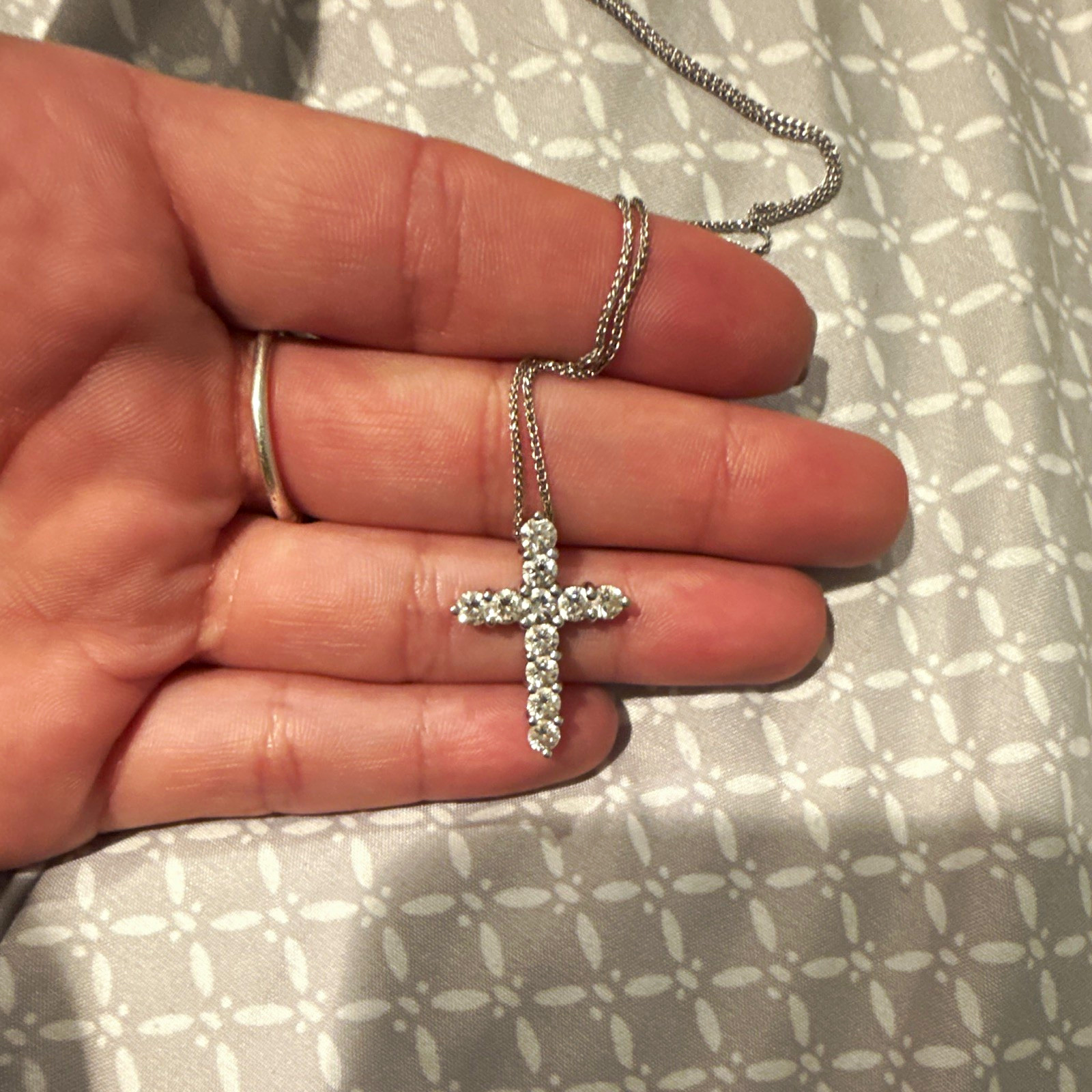 Silver Tone Chain Necklace Cross Charm Pendant Clear Crystal Rhinestones