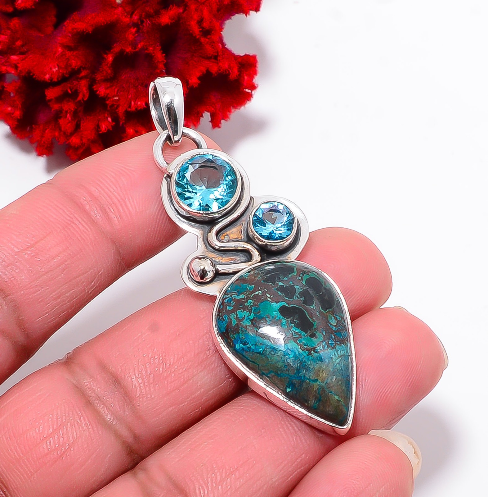 Chrysocolla – Madagascar & Blue Topaz 925 Sterling Silver Pendant 2.26″ P94318