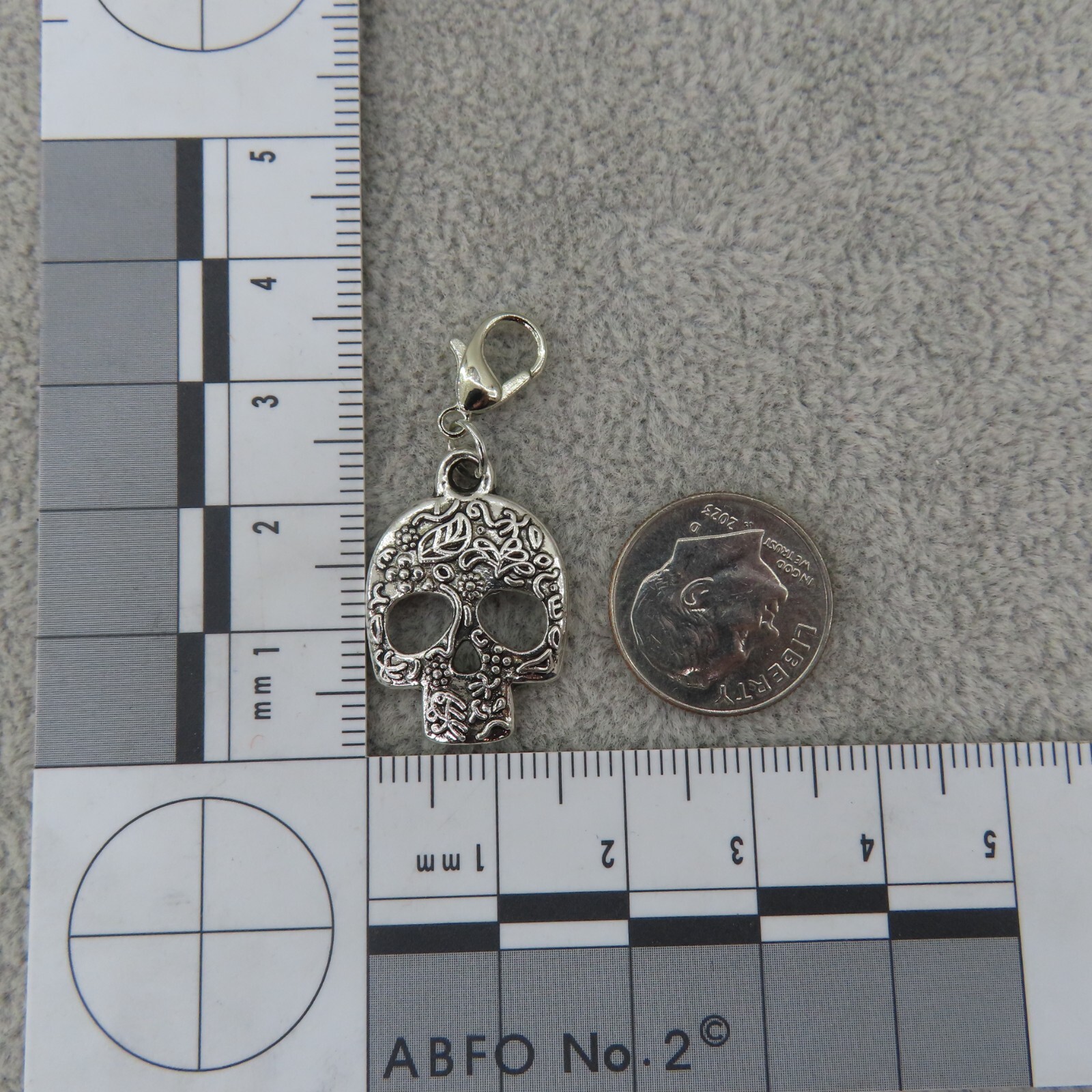 FLORAL SKULL Charm Zipper Pull Keychain Add On Clip Dangle Antique Silver Tone
