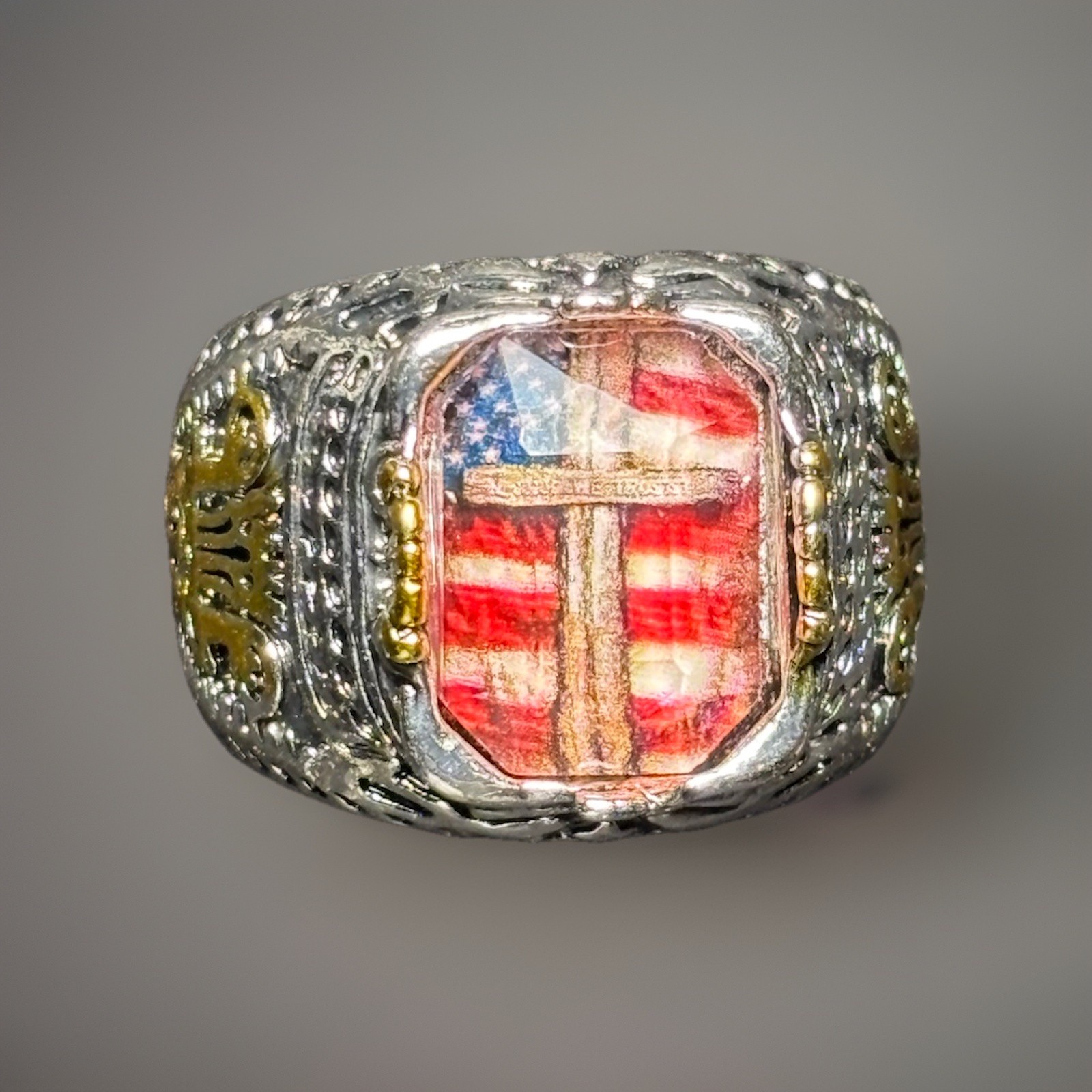 Two-Tone Silver Gold Signet Ring Size 7 American Flag Cross Rectangle No Stone