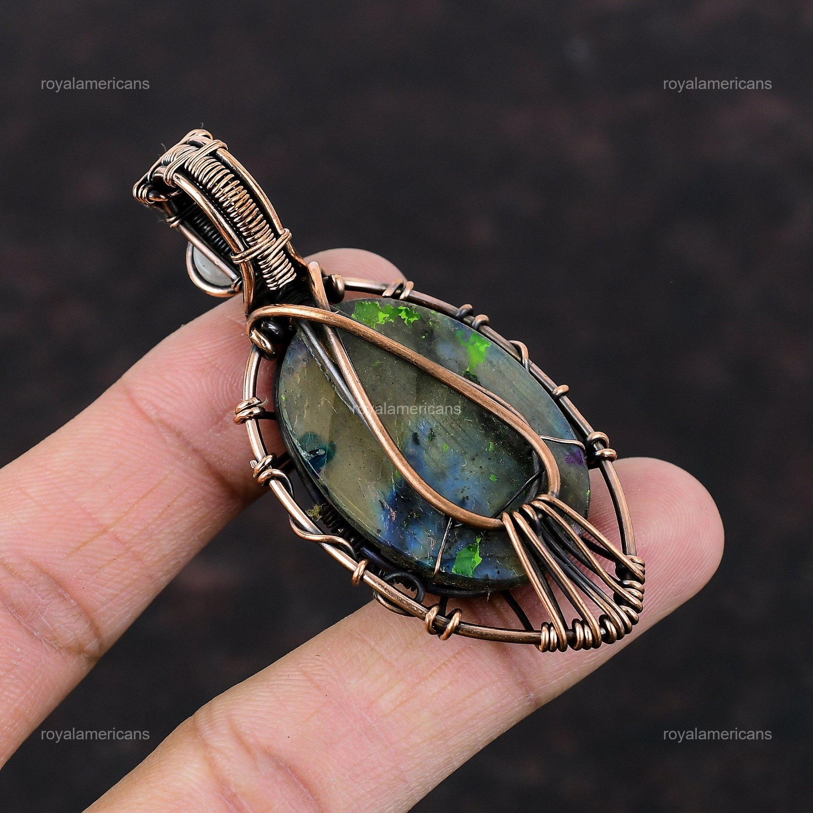 Multi Fire Labradorite Gemstone Rainbow Moonstone Twisted Pendant Jewelry Copper