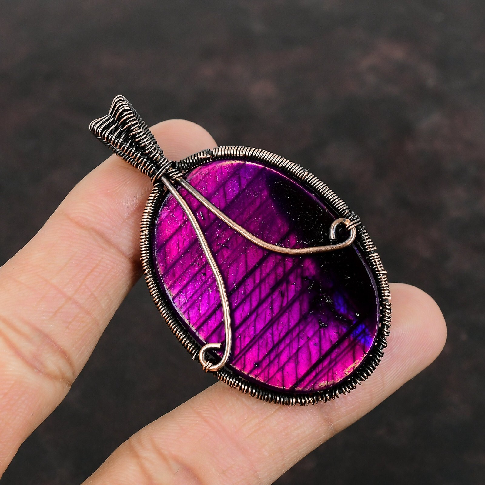 Pink Fire Labradorite Wire Wrapped Tree Of Life Handcrafted Copper Unique 2.56″
