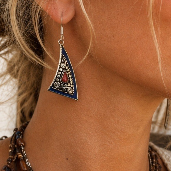 Tibetan Handmade Lapis Lazuli Coral Dangle Gemstone Earrings Ethnic Boho Artisan