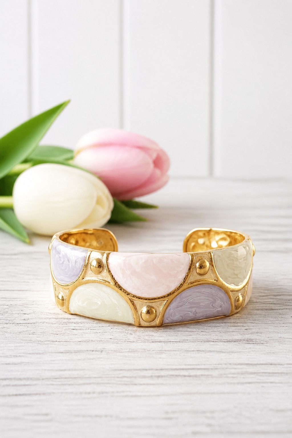 Gold Plated Stainless Steel French Retro Open Cuff Enamel Marble Bangle, S-M