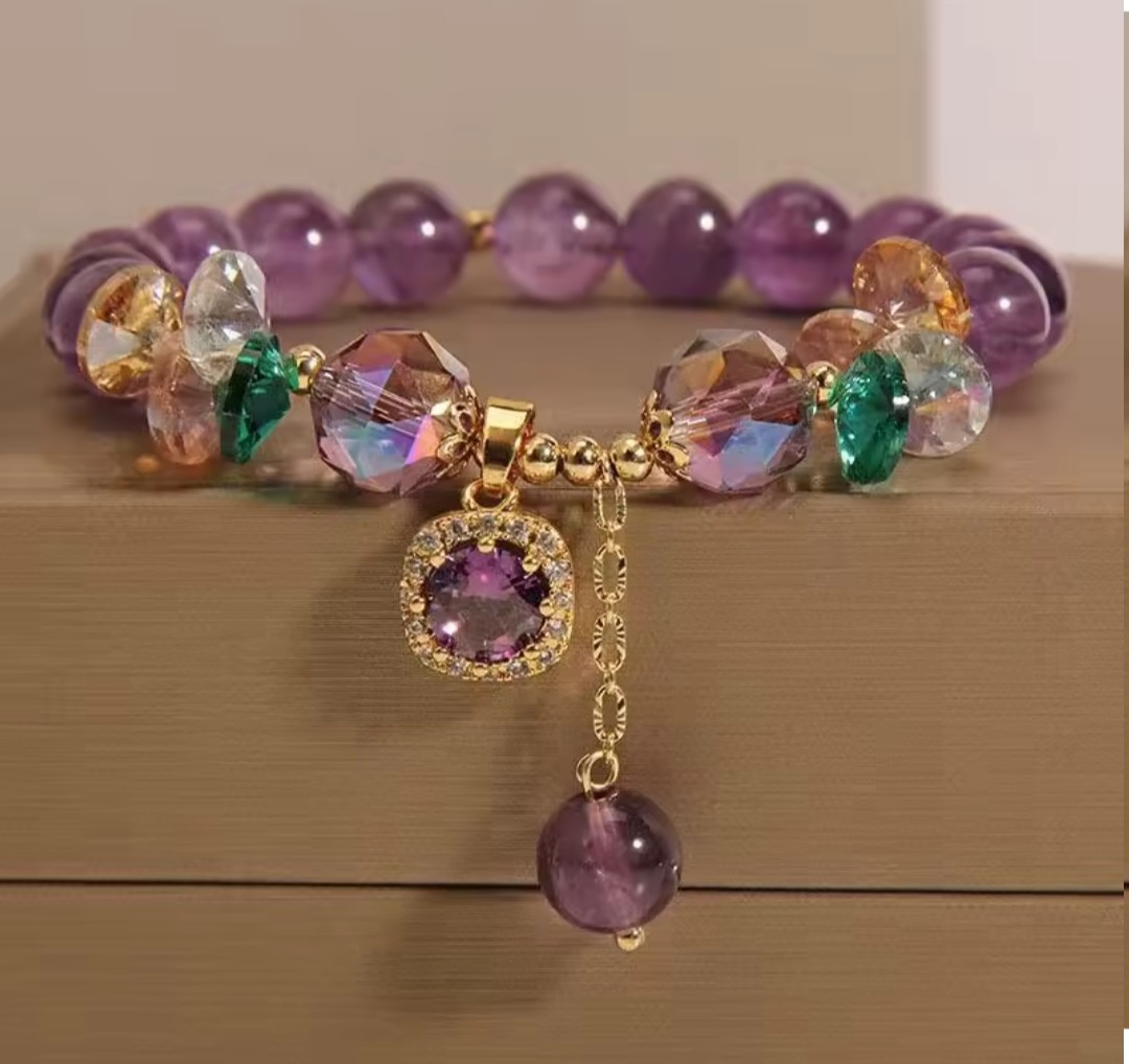 Purple Crystal Beaded Bracelet, Elegant Amethyst Charm Bracelet