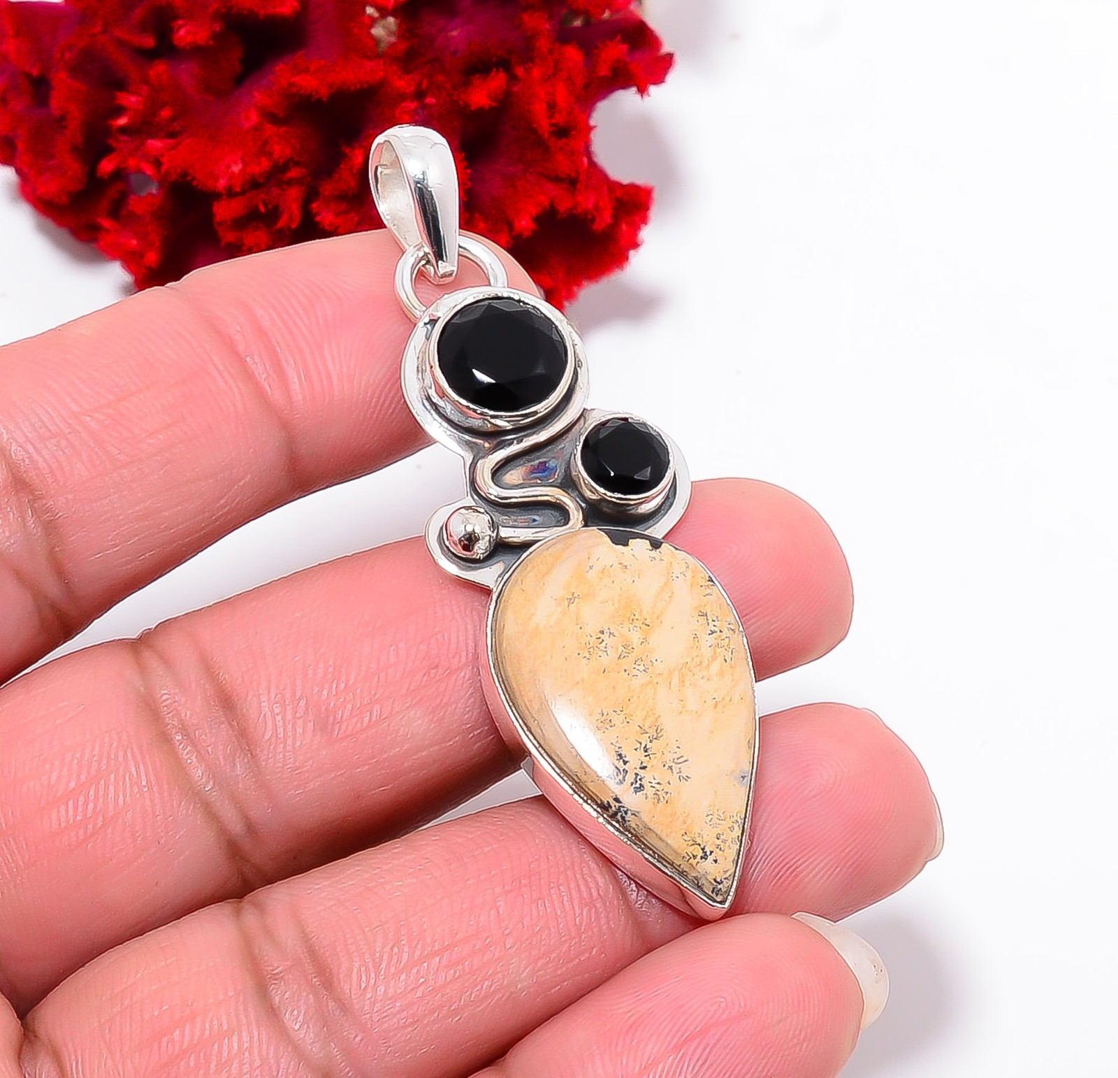 Picture Jasper – Oregon & Black Onyx 925 Sterling Silver Pendant 2.26″ P94355