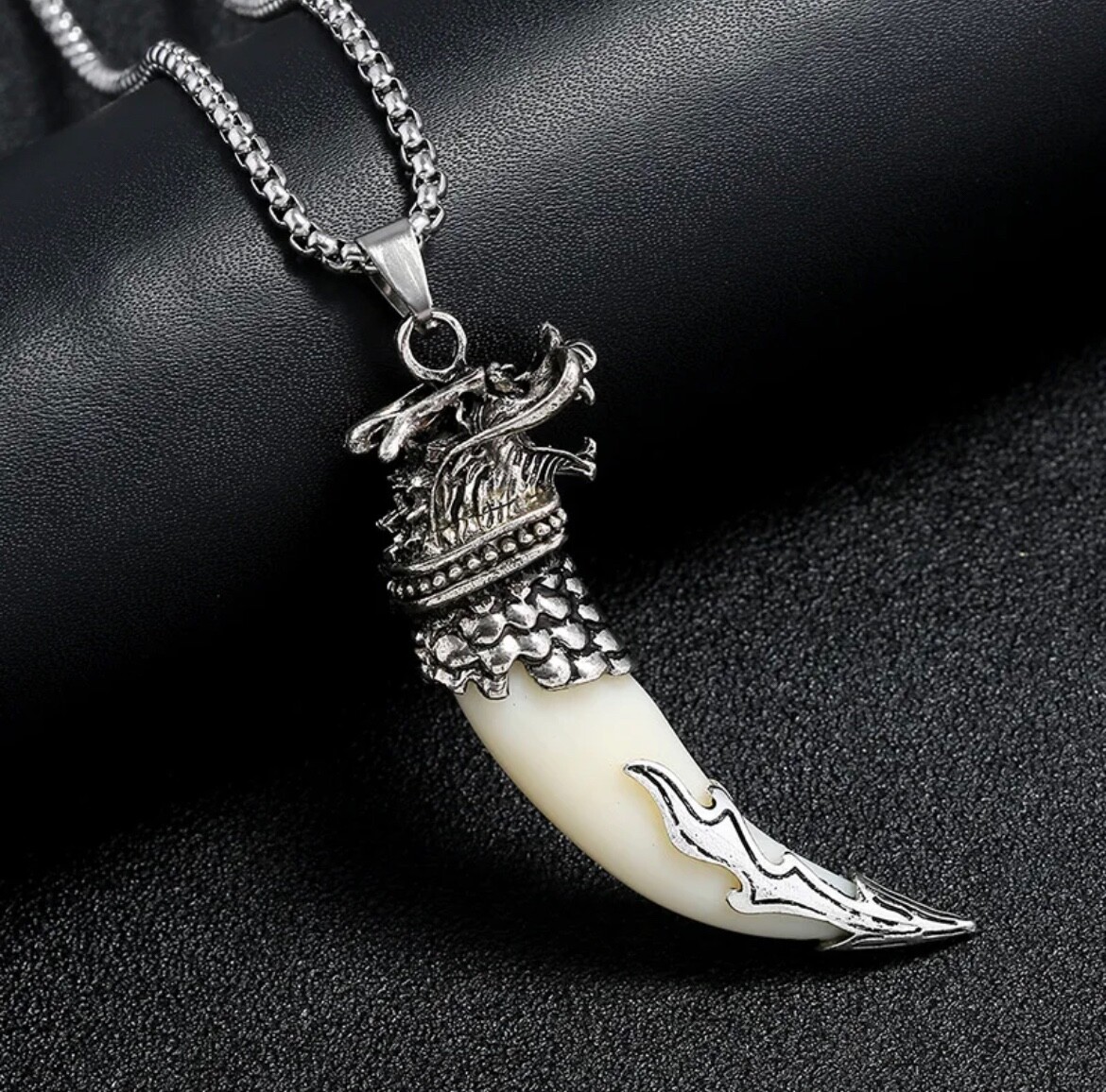 Men’s Fashion Jewelry Silver Viking Dragon Ivory Pendant Necklace 1-229