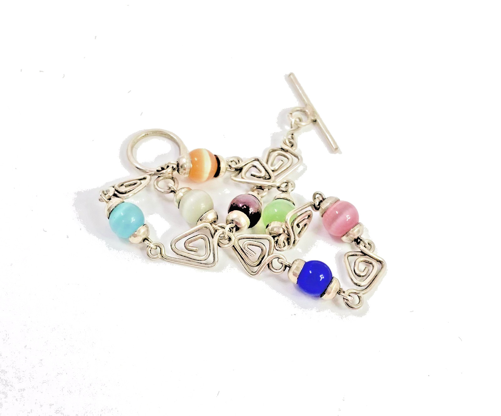 925 Silver & Multicolored Cat’s Eye Glass Triangle Link Chain Bracelet 8 in long