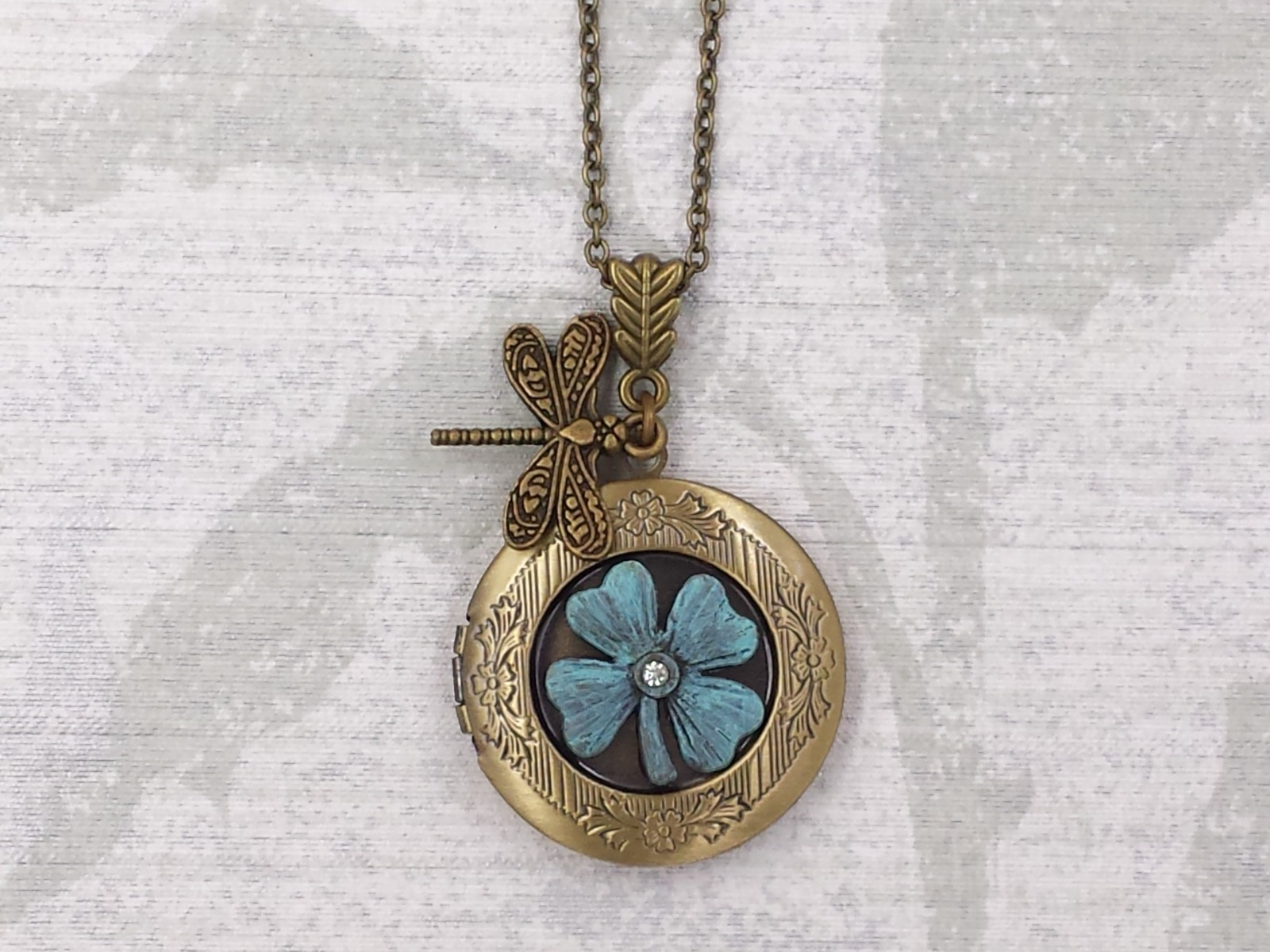 Clover and Dragonfly Locket Faux Verdigris Patina Shamrock Leaf Jewelry