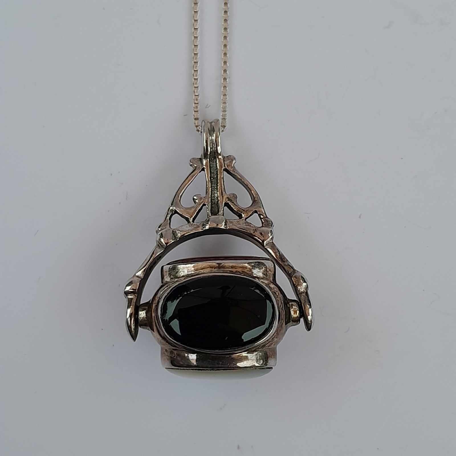 Vtg Sterling Silver Four-Sided Spinner Fob Pendant Necklace Red Black Stone 925