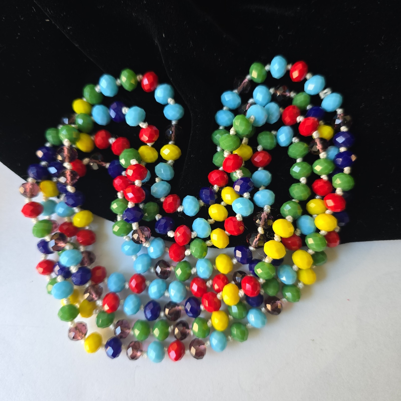 Colorful Faceted Glass beads hand Knotted Necklace Pull On 64″L