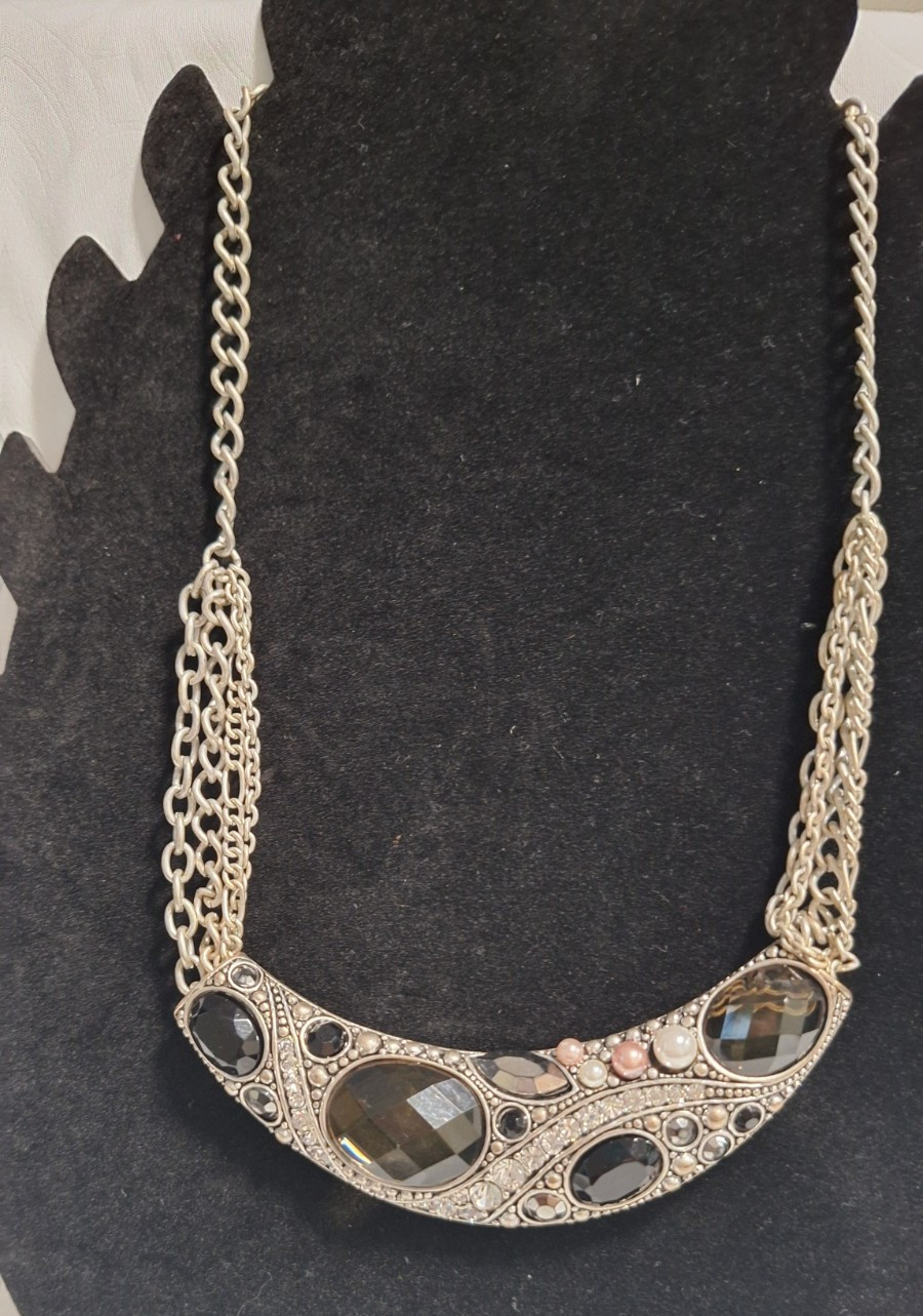 Silver Tone Cable Chain Statement Necklace Crescent Pendant Black Pink Inlay