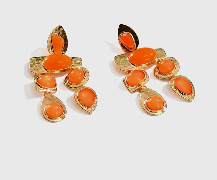 Orange Earrings Large Big Dangle Long Statement Gold Tone Vintage Style Wedding
