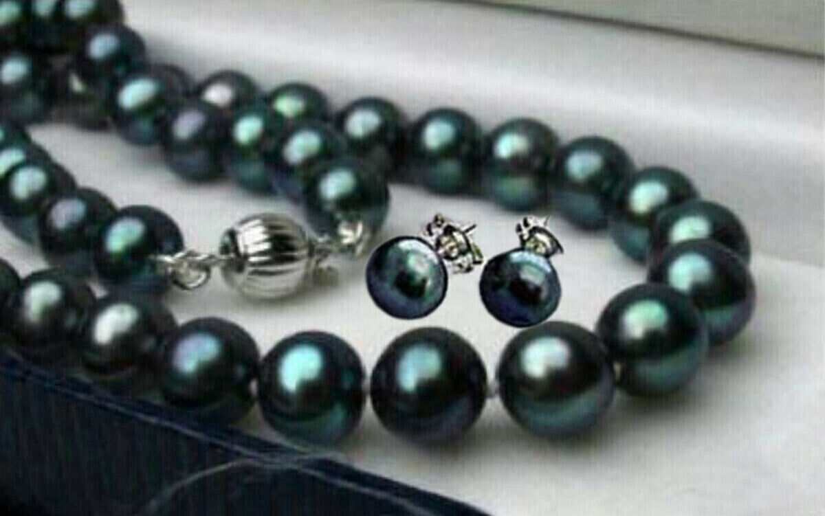 Natural Black Akoya Freshwater Cultured Pearl Necklace Earrings Set 14-48”