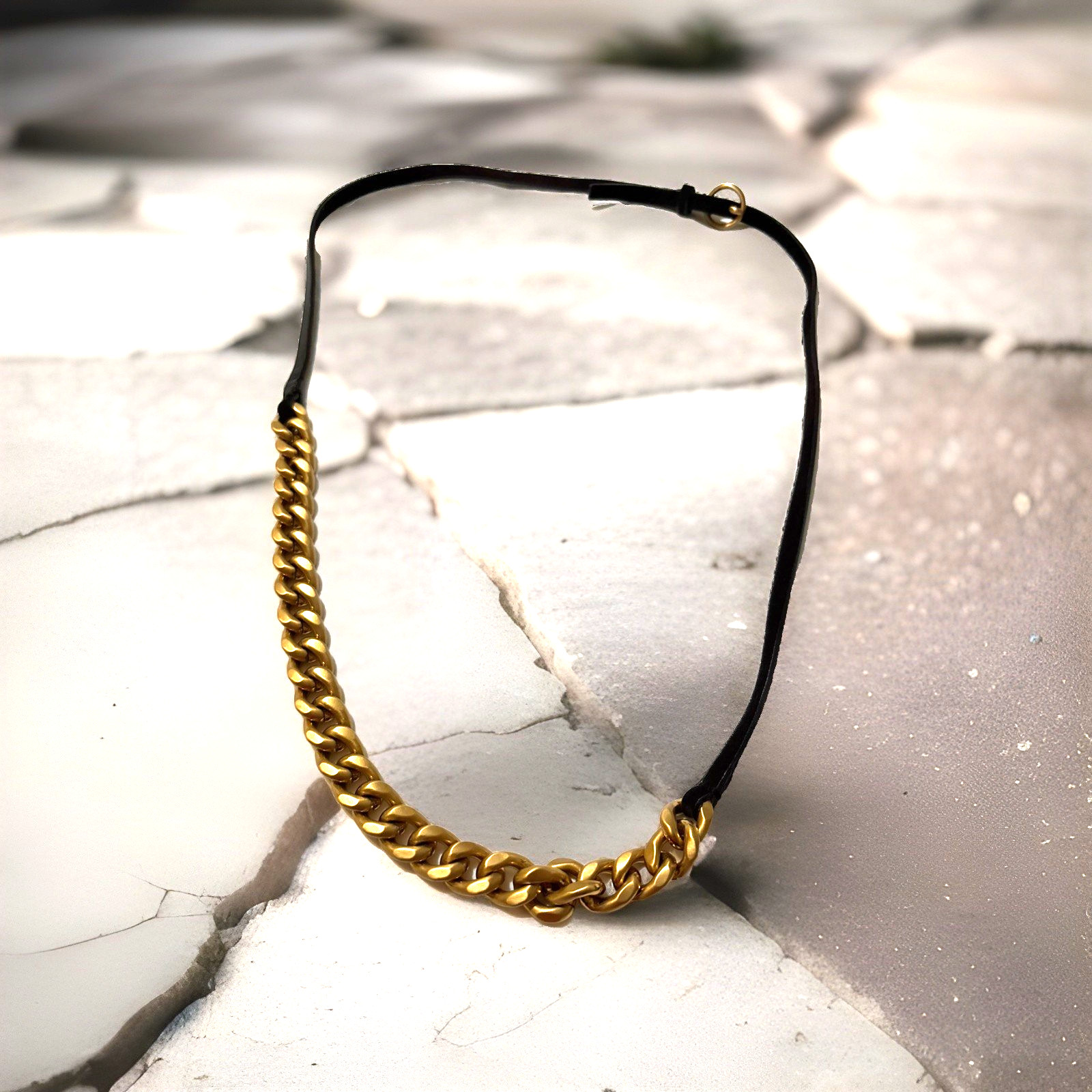 MIU MIU Gold Metal Chain & Calfskin Leather Necklace Made in Italy $1,250 EUC