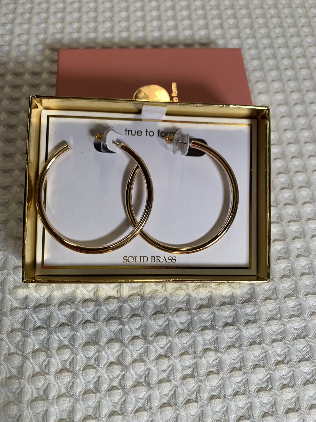 True To Form Hoop Earrings Solid Brass 2 1/8″ Diameter . New in Box