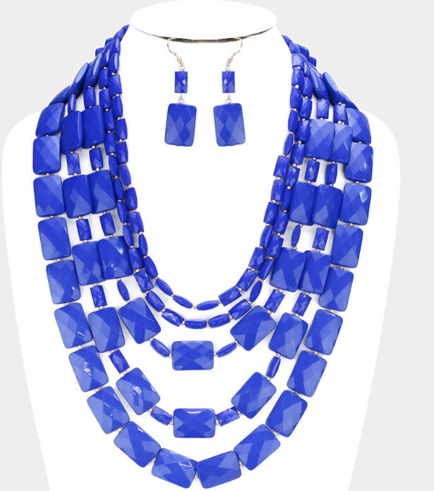 ROYAL BLUE Necklace Set Pearl Long Bib Multi Layered Strand Chunky Bead