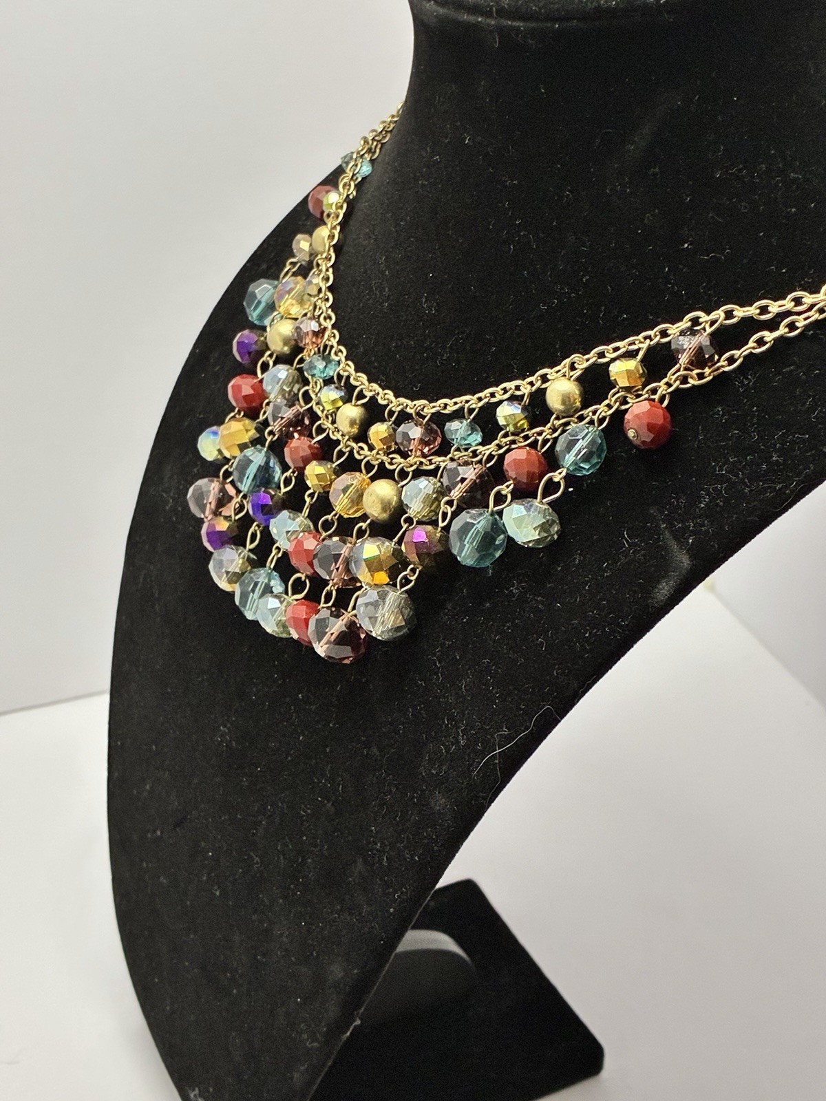 Jules Signed Gold Tone Layered Statement Necklace Multicolor Glass Beads Adj