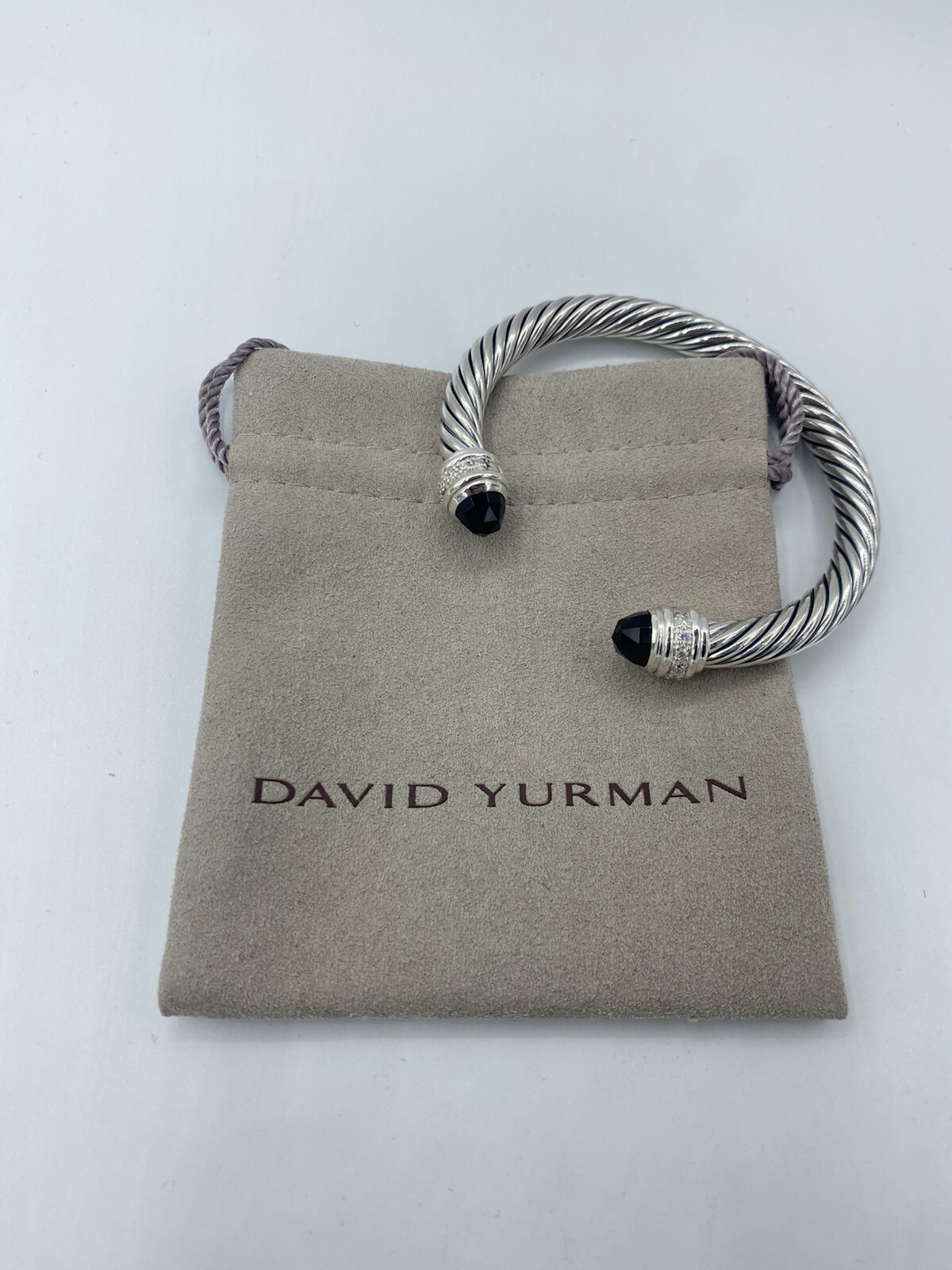 David Sterling Silver 7mm Classic Black Onyx Diamond Bangle Bracelet