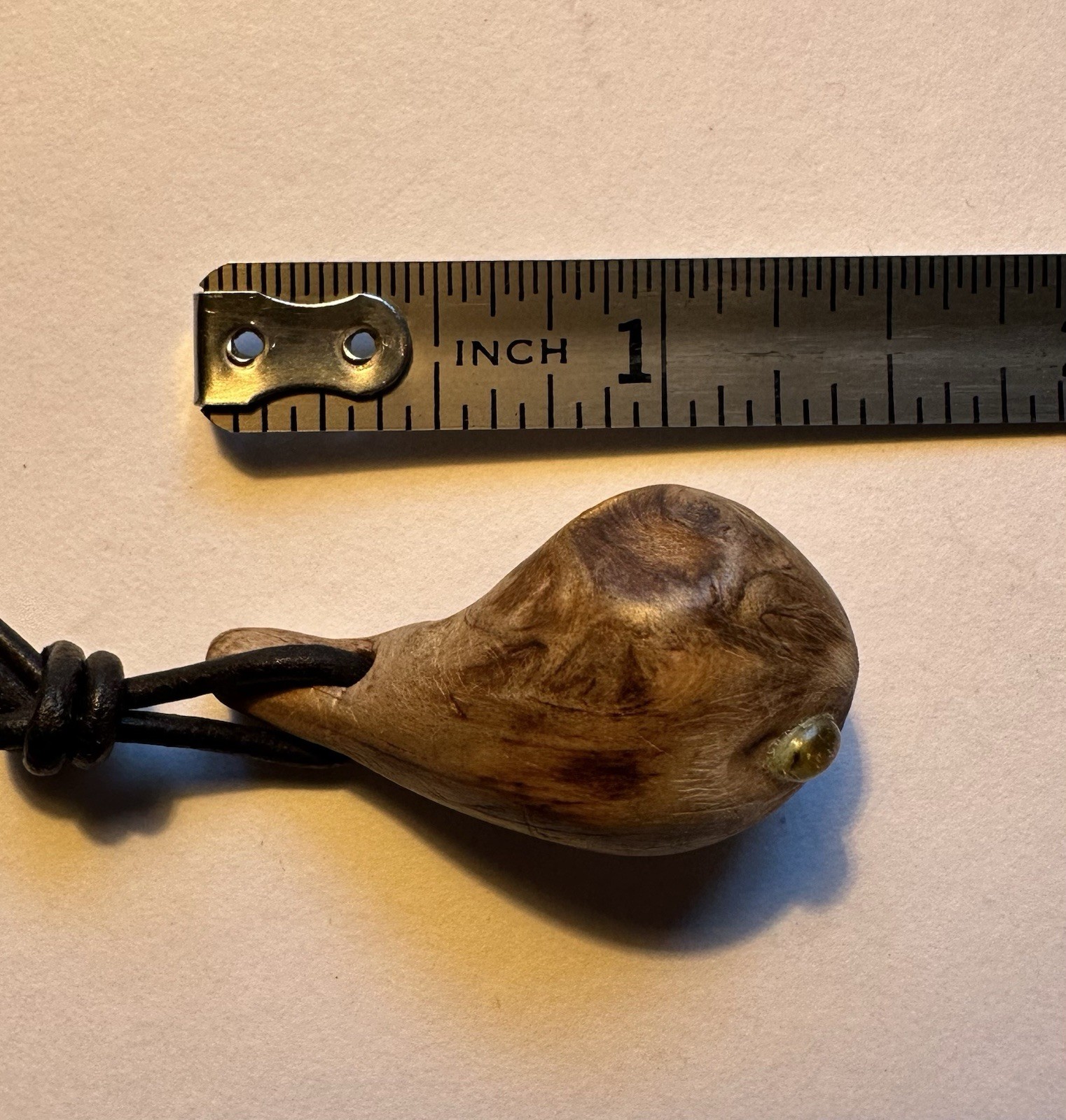Oregon Mini Burl Wood Teardrop Pendant w Green Peridot, Leather Adjustable Cord