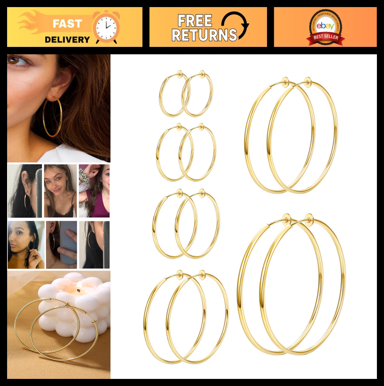 6 Pairs Clip-On Hoop Earrings Set for Women – Non-Pierced, Spring Style, 6 Sizes