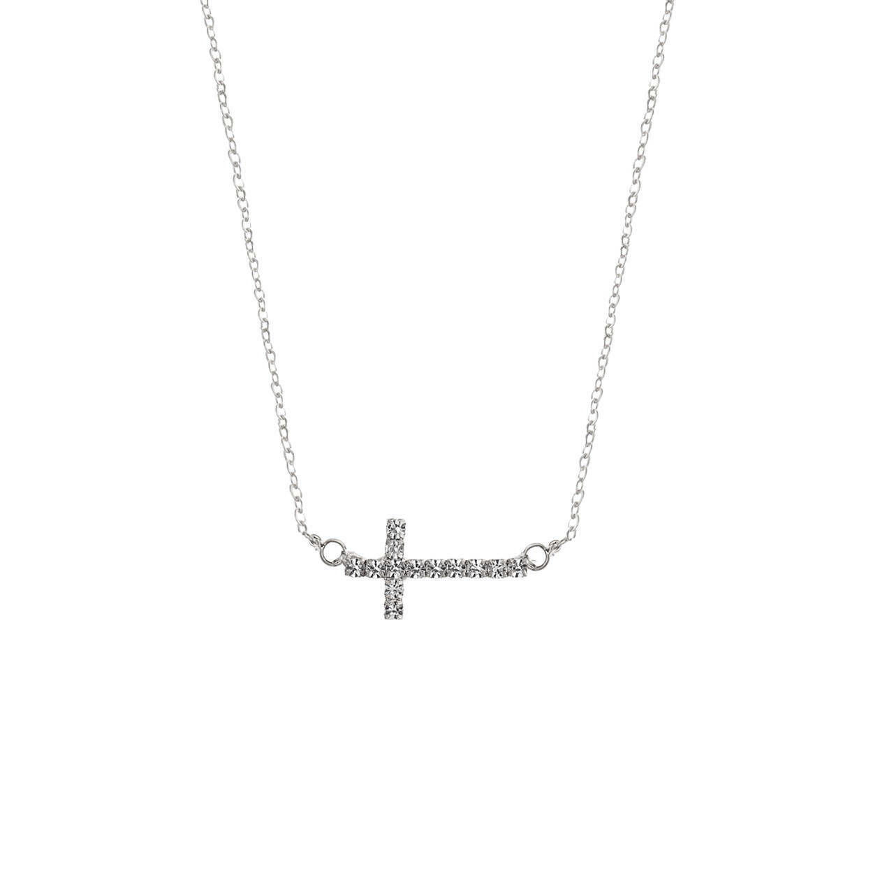 Rhinestone Sideway Cross Necklace in Rhodium or Gold Plated (0.75×0.5in)(14+3in)