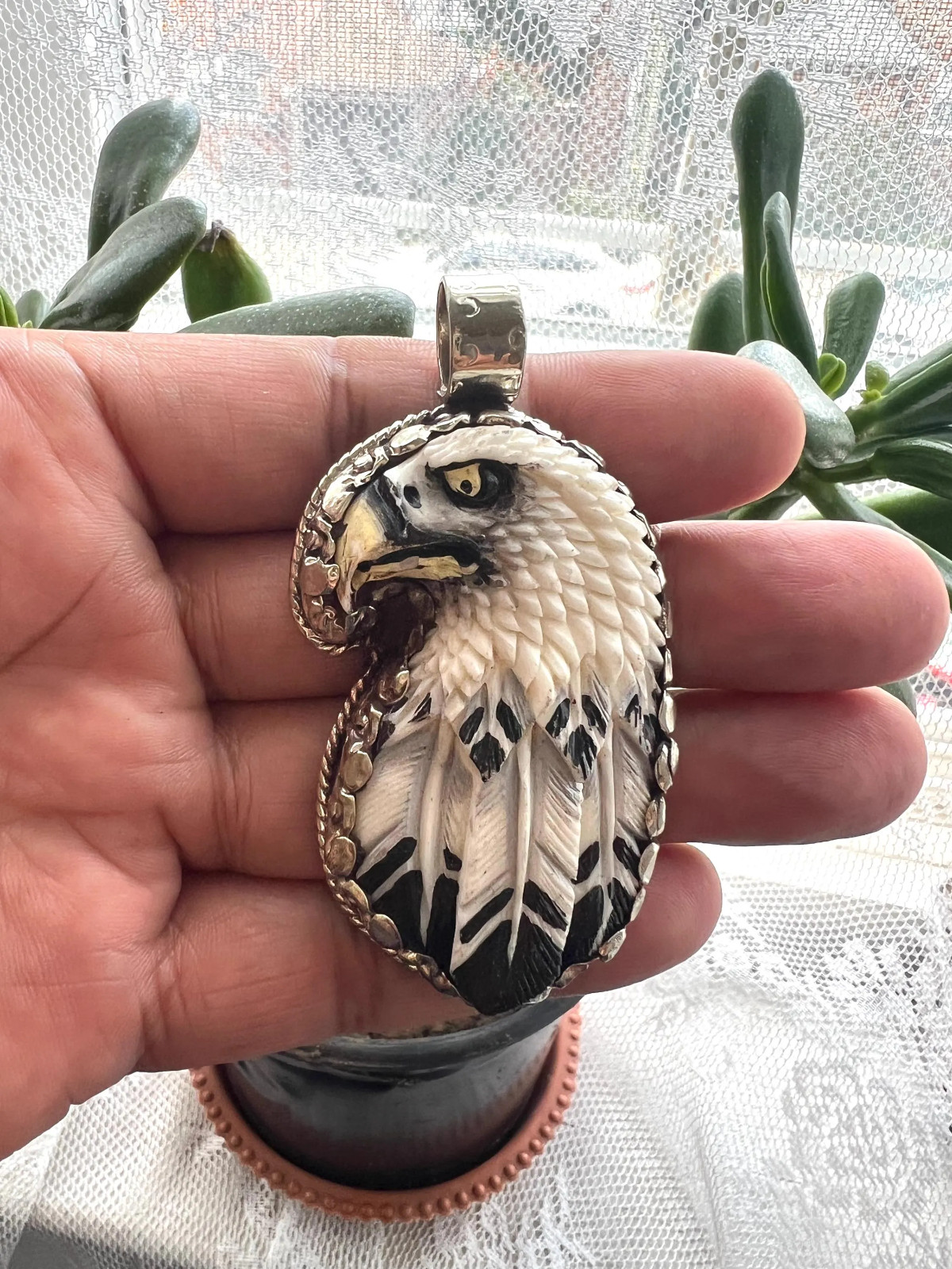 Handcarved pendant, Handcrafted, Tibetan repousse silver, 3×1.25 inches (B-34