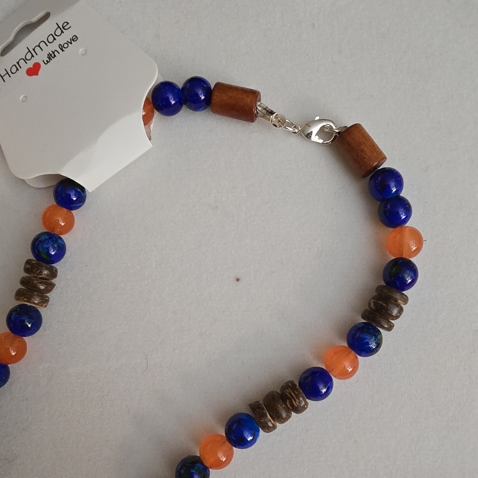 Handmade Multicolor Wood Beaded Necklace w/ Shark Tooth Charm Pendant
