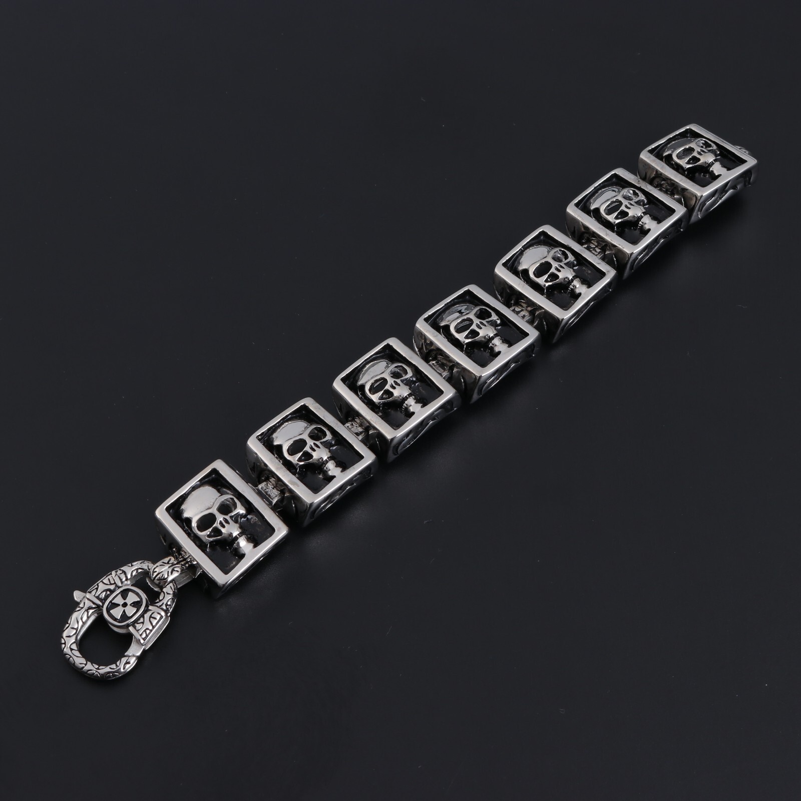 Biker Punk Rocker Square Skull Stainless teel Bracelet Halloween 8.5″ US Seller