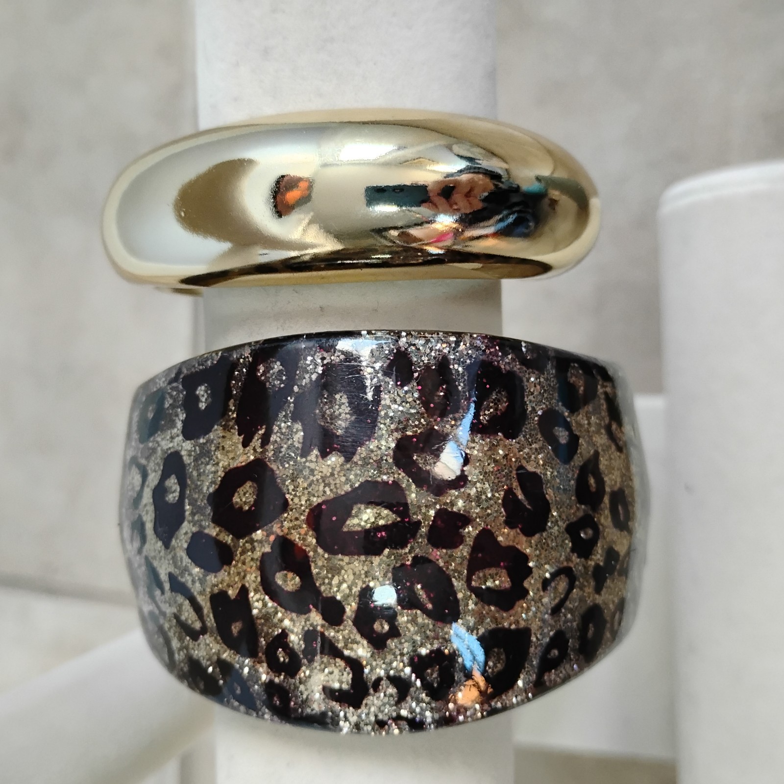Chunky Goldtone Animal Print Glitter Bold Bangle Bracelet Lot Cuff Sz 8 Set