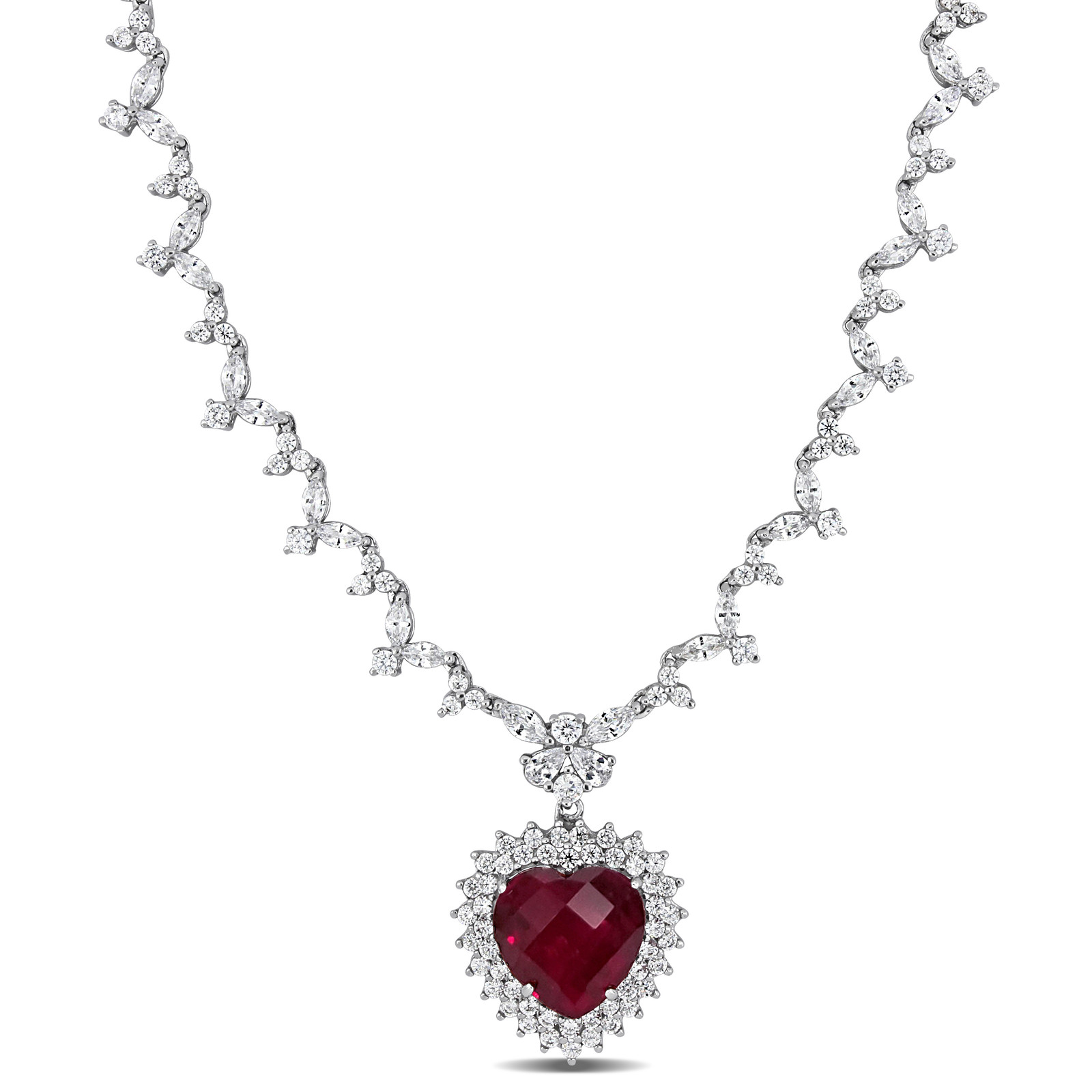 Amour Sterling Silver 47 CT TGW Red & White Cubic Zirconia Heart Necklace