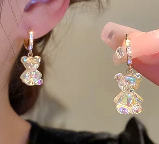 Adorable TEDDY BEAR Rhinestone Gold Clear Dangle Betsey Johnson Earrings