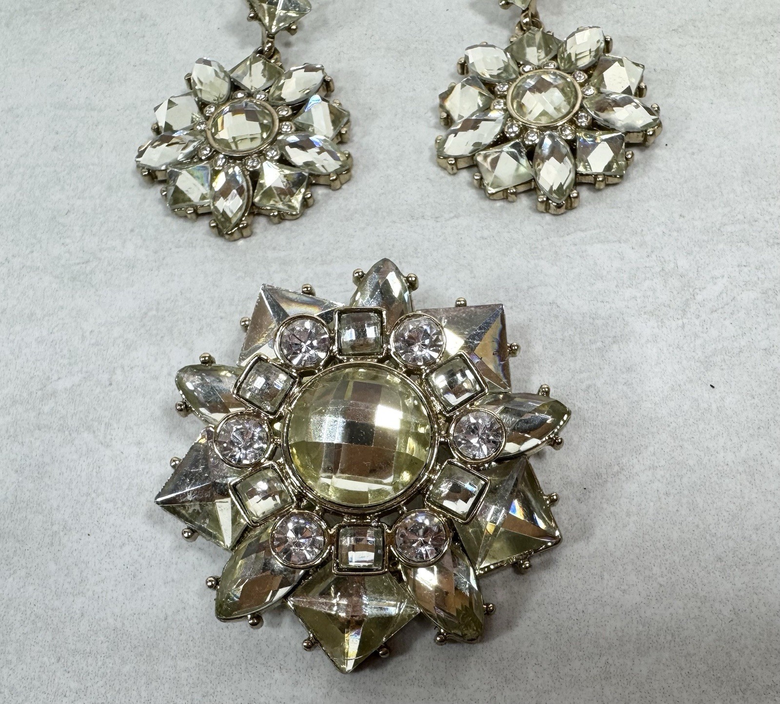 Pierced Dangle Earrings and Brooch Set Clear Rhinestones Large Bold Statement 2”