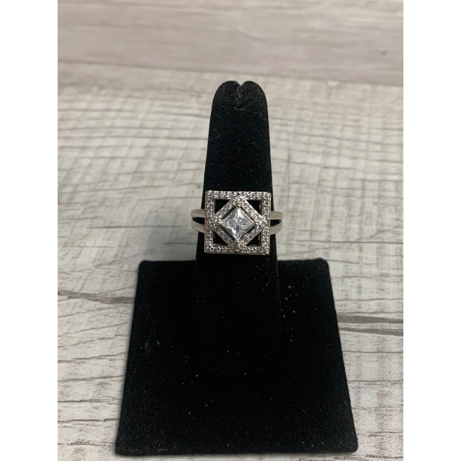 Art Deco Geometric Square Halo Ring Silver Tone Princess Cut Clear Stone Sz 7.25
