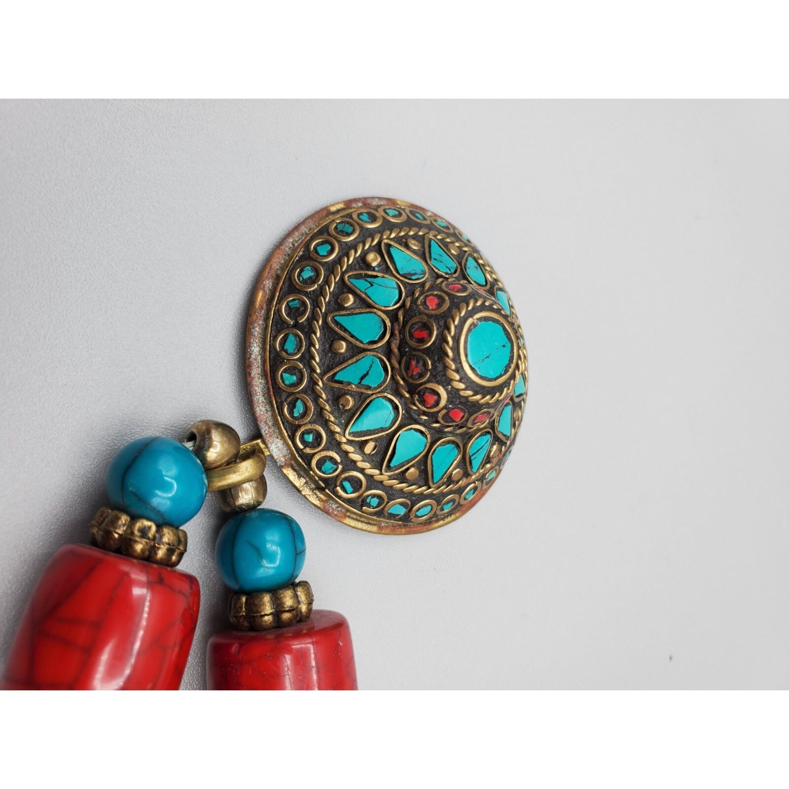 Multi color shape beaded Blue enamel dome statement pendant necklace 20″