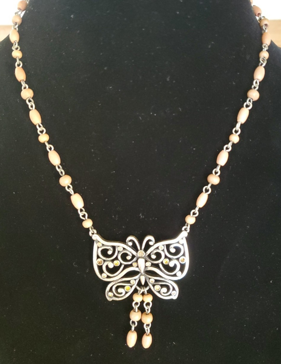 Vintage Anne Klein Butterfly Necklace 26” Beaded w/Rhinestones Silver Tone
