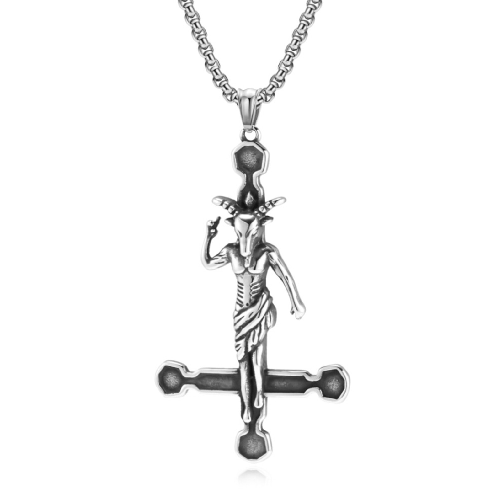 Men’s Sigil of Baphomet Inverted Upside Down Cross Necklace Satan Goat Devil