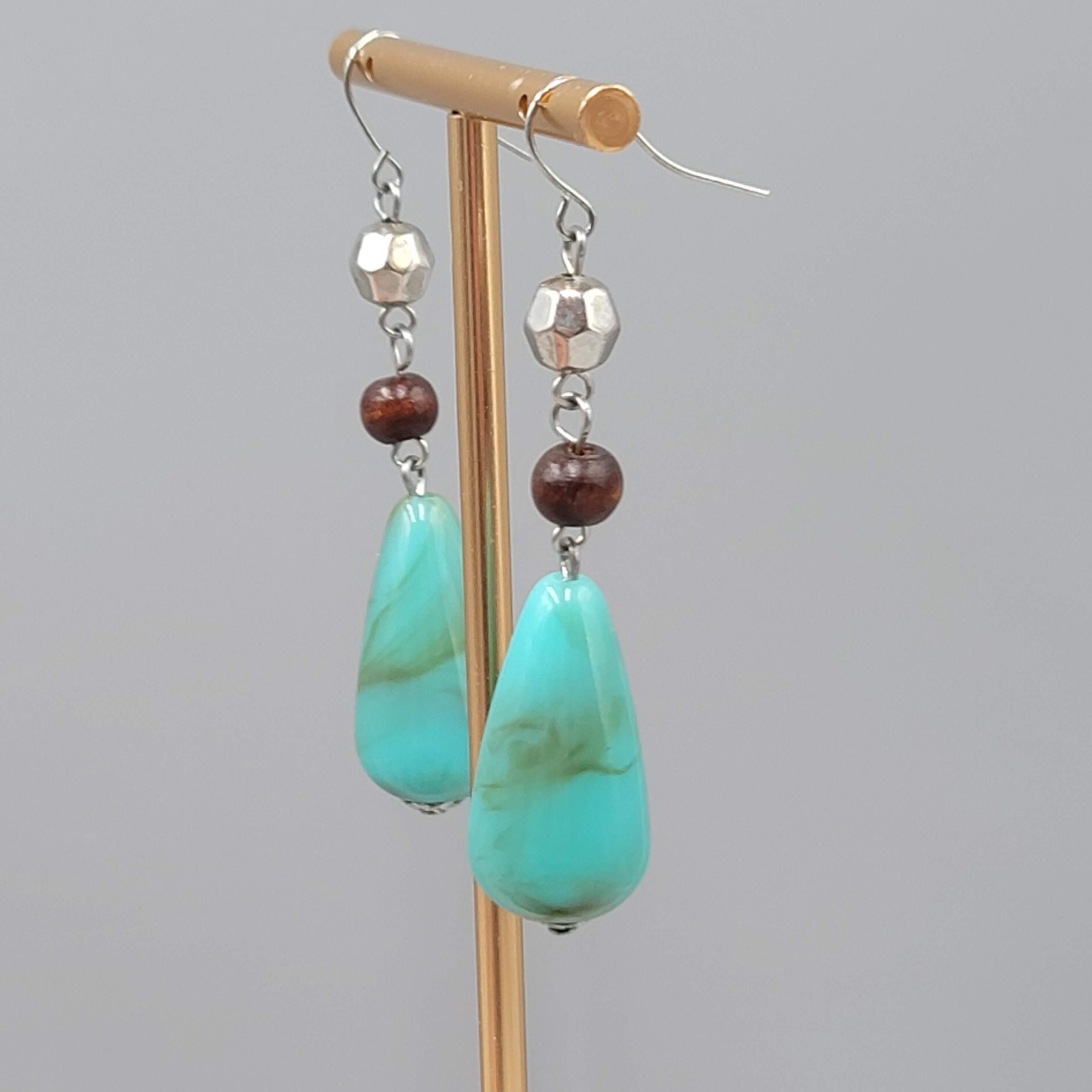 Turquoise Blue Swirl Bead Pierced Earrings Silvertone Dangle Acrylic Metal 2.25″