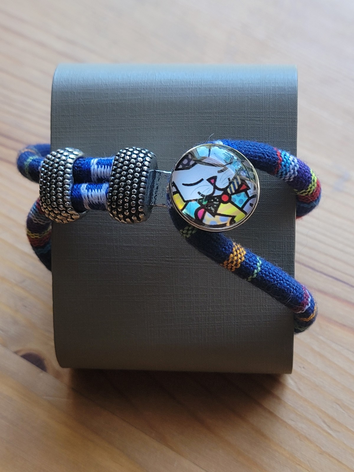 Multi-color Bohemian Striped Fabric Snap Cat Charm Bracelet