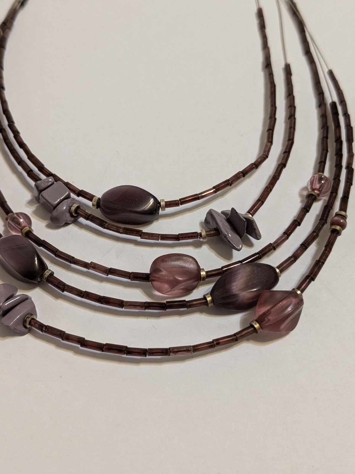 NY & Co 5 Layer Wire Necklace With Purple Glass & Acrylic Beads. *FLAW*.
